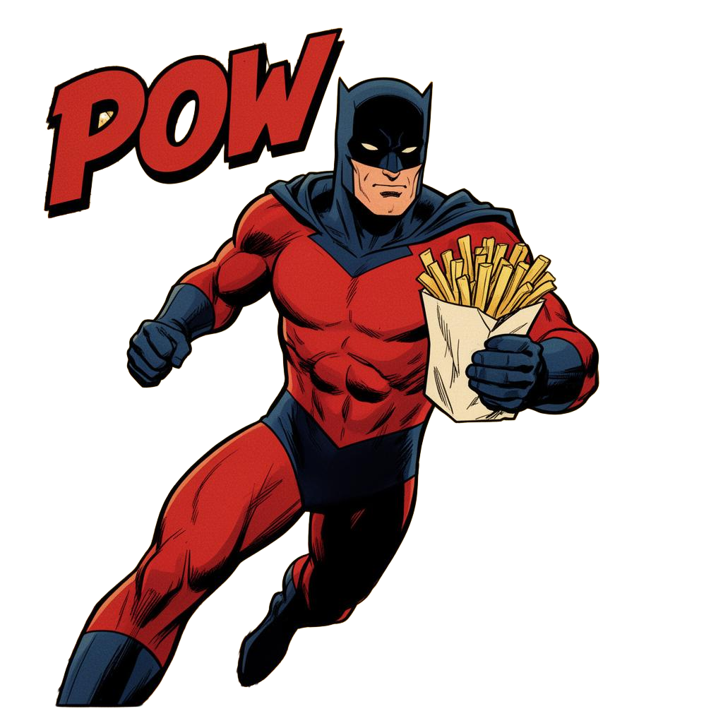 Comic-style hero with fish and chips